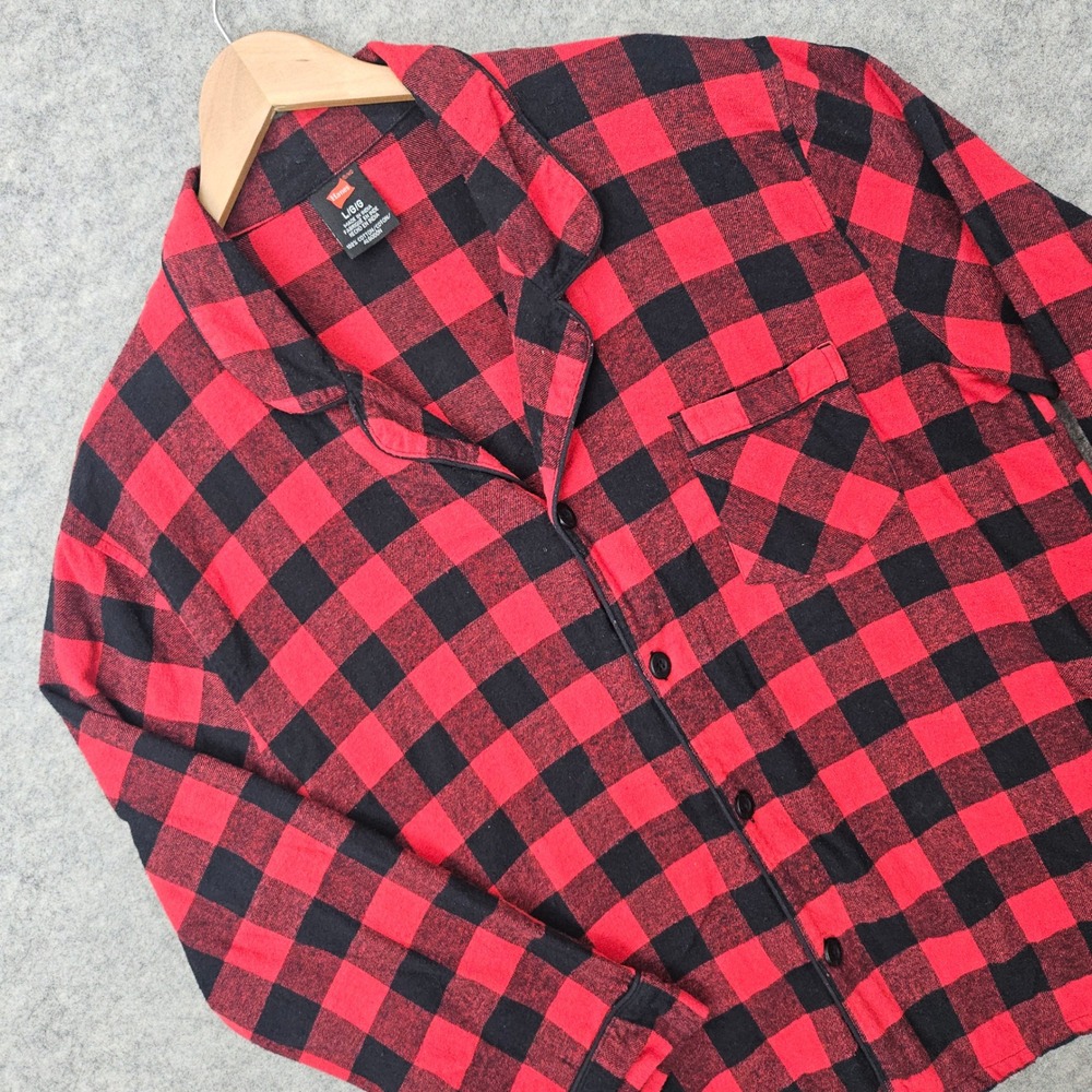 Hanes Pajama Top Men's Large Red Black Buffalo Plaid Flannel Button Up Cotton